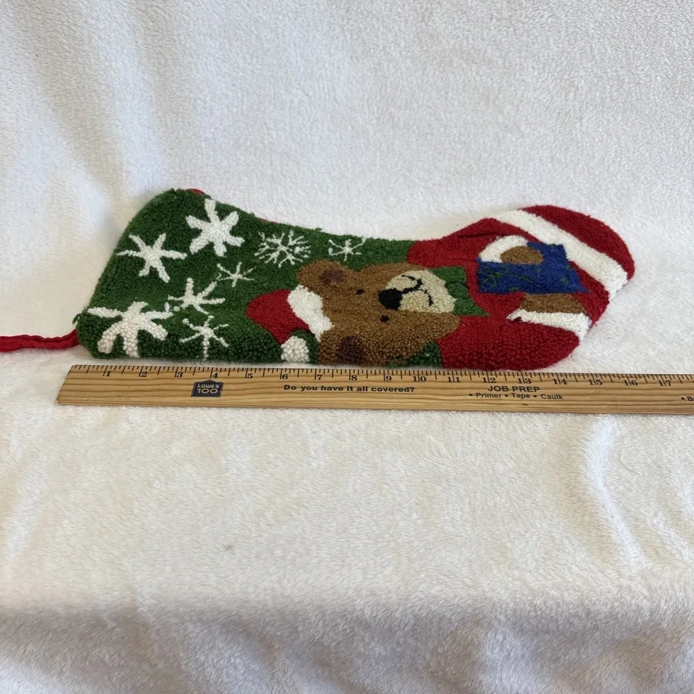 Vintage Style Hooked Wool Christmas Stocking Teddy Bear Santa Hat Snowflakes Red